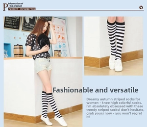 Detail of Japanese style black and white striped over-knee socks paired with sneakers