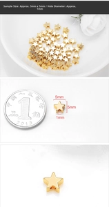 Macro shot of 5mm gold star beads for jewelry making with precise 1mm vertical hole