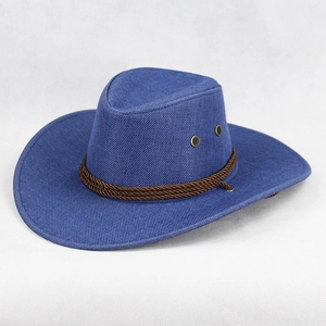 Chapeau de cowboy en lin bleu avec cordon tressé marron et œillets pour protection solaire