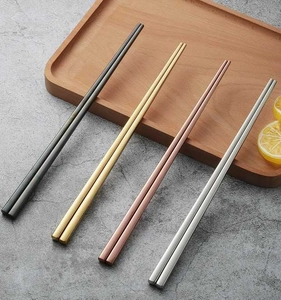 Detailed view of square anti-slip stainless steel chopsticks in four metallic finishes