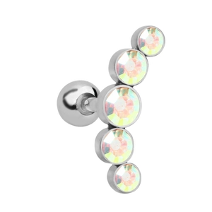 Detail of stainless steel helix stud with five curved iridescent AB crystals and screw ball back