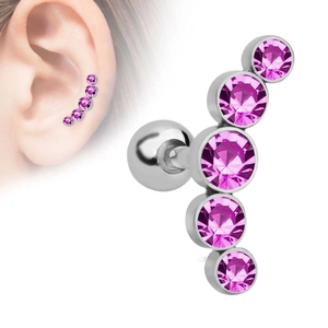 Detailed macro of pink crystal stud earrings with five-stone curve and ball screw back