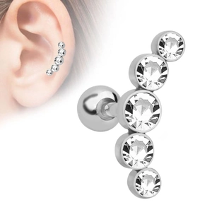 Surgical steel curved cartilage piercing with five sparkling clear CZ stones in silver finish