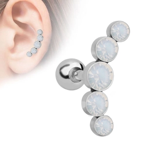 Detailed view of silver curved five-stone stud earring with crystal screw back