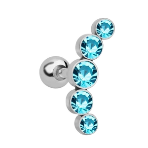 Detailed close-up of curved silver stud earrings with five sparkling blue cubic zirconia