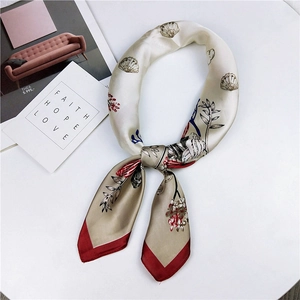 Elegant 70cm floral silk scarf with marine shell print and red border for women