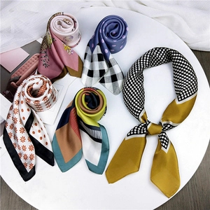 Satin silk scarf set for women featuring diverse floral and polka dot patterns in vibrant colors