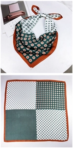 Detail view of retro square silk scarf with four-grid floral and polka dot patchwork patterns