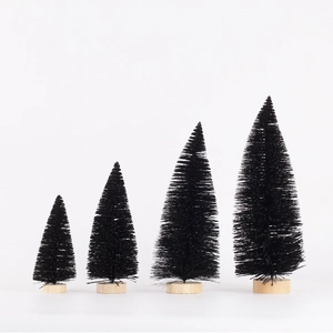 Set of 4 mini black artificial bottle brush Christmas trees with natural wood bases