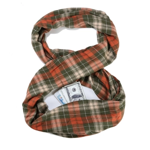 Detail showing the hidden zipper pocket on a plaid infinity scarf with cash prop