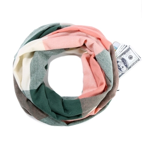 Detail view of multicolored faux cashmere neck gaiter with functional hidden pocket