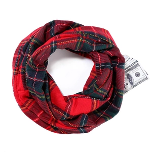 Detail of red and green plaid infinity scarf featuring a hidden zipper pocket for money