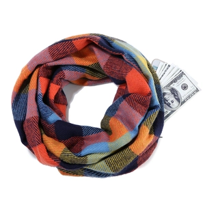 Detail of multi-color plaid cashmere-like infinity scarf with hidden storage pocket