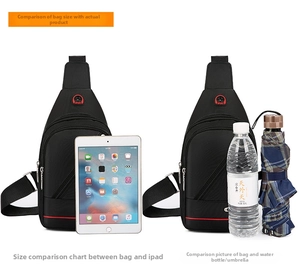 Waterproof nylon chest bag size comparison with 9.7 inch iPad and 550ml water bottle