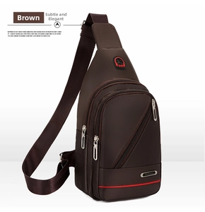 Detail view of water-resistant oxford fabric chest bag with multi-pocket zipper and earphone hole