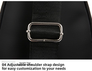 Close-up of adjustable shoulder strap with metal buckle on black oxford chest bag