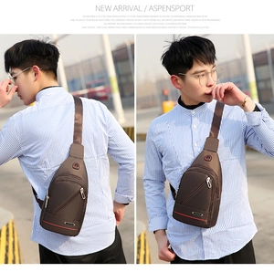Detail view of coffee nylon sling bag with waterproof zipper and headphone port