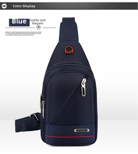 Detailed view of durable blue Oxford fabric crossbody bag with multi-layer zipper pockets