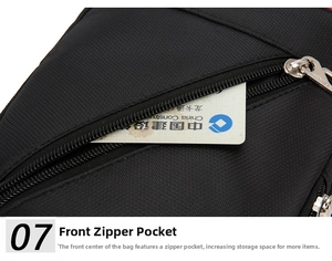 Close-up of the front zipper pocket on a black waterproof nylon oxford chest bag