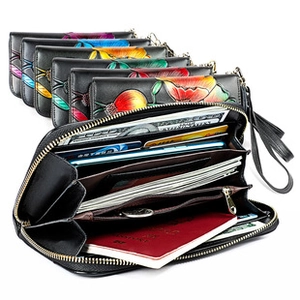 Floral print long zip wallets in vibrant colors with RFID protection and multi-card slots