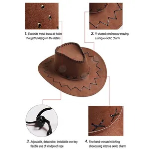 Brown suede western cowboy hat with stitched details and adjustable chin strap on white background