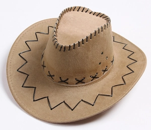 Detail eines braunen Wildleder-Cowboyhuts mit schwarzen Ziernähten und Belüftung
