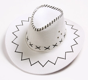 Detailed view of white cowboy hat with distinctive black X-shaped cross-stitching accents