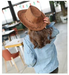 Detailed back view of a brown faux leather cowboy hat with decorative black stitching