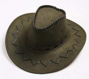 Detail shot of a dark brown western cowboy hat with decorative black leather stitching on the brim