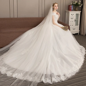Elegant Off The Shoulder Wedding Dress White Lace Embroidery Long Train Ball Gown Bridal Gown Tulle For Bride