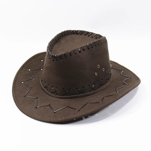 Detail of dark brown cowboy hat with black cross-stitch embroidery and metal eyelets