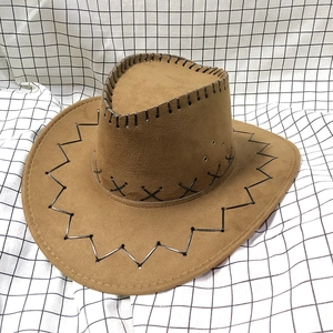 Detail of brown suede cowboy hat with black decorative stitching and side metal eyelets