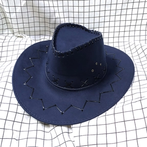 Detail of navy faux suede cowboy hat showing cross-stitch accents and metal eyelets
