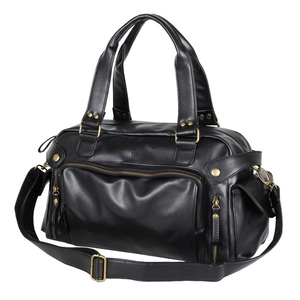 Black PU leather men's travel tote bag with adjustable shoulder strap and gold zippers
