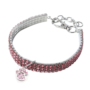 Three-row pink rhinestone pet collar with silver chain and a cute paw pendant