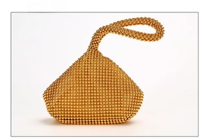 Back view of a luxury gold beaded evening clutch bag with triangular pyramid structure