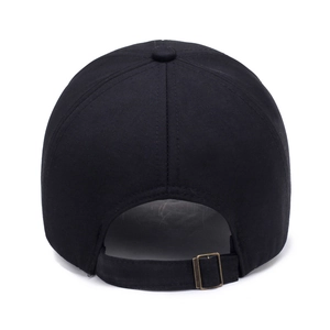 Classic black cotton baseball cap back view with adjustable metal buckle strap