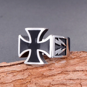 Punk style stainless steel ring featuring black enamel cross and side bolt on bark