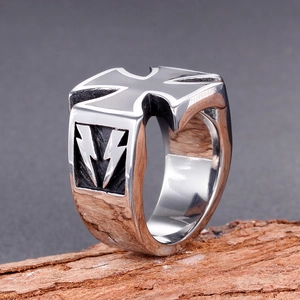 Punk style stainless steel men's ring with black enamel cross and lightning symbols