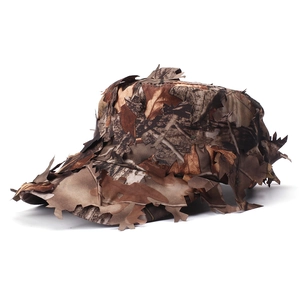 Detailed macro view of 3D leaf camo hunting hat with lifelike bionic foliage texture
