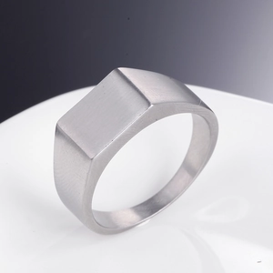 Macro detail of men's matte titanium steel signet ring with rectangular flat top surface