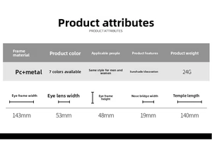 Size chart showing dimensions and PC metal frames of the vintage semi-rimless sunglasses