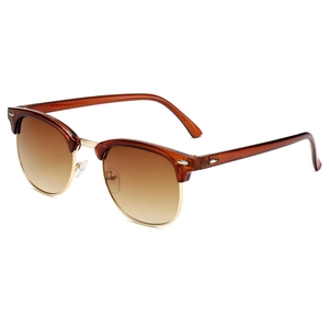 Retro half-frame clubmaster sunglasses with amber frames and brown gradient lenses