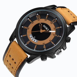 Close-up of SOKI men's military watch featuring black dial and brown leather strap