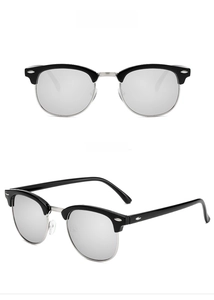 Front and side view of retro semi-rimless sunglasses with silver mirrored lenses