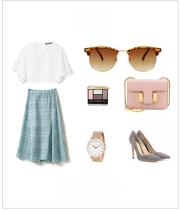 Fashion collage featuring retro half-frame sunglasses with elegant summer outfit and watch