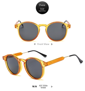 Retro round orange frame sunglasses with grey lenses shown from front and side angles