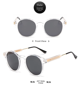 Front and side view of vintage round sunglasses with clear frames and gray lenses