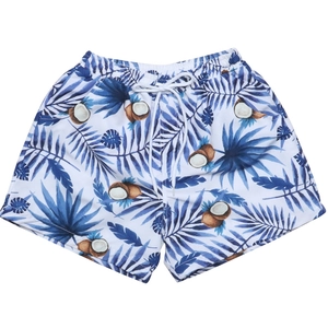 Detailansicht der Kinderbadehose mit tropischem Palmenprint und praktischem Kordelzug