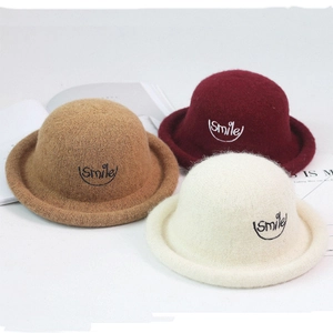 Kids cute wool felt bowler hats with smile embroidery in camel, burgundy, and beige